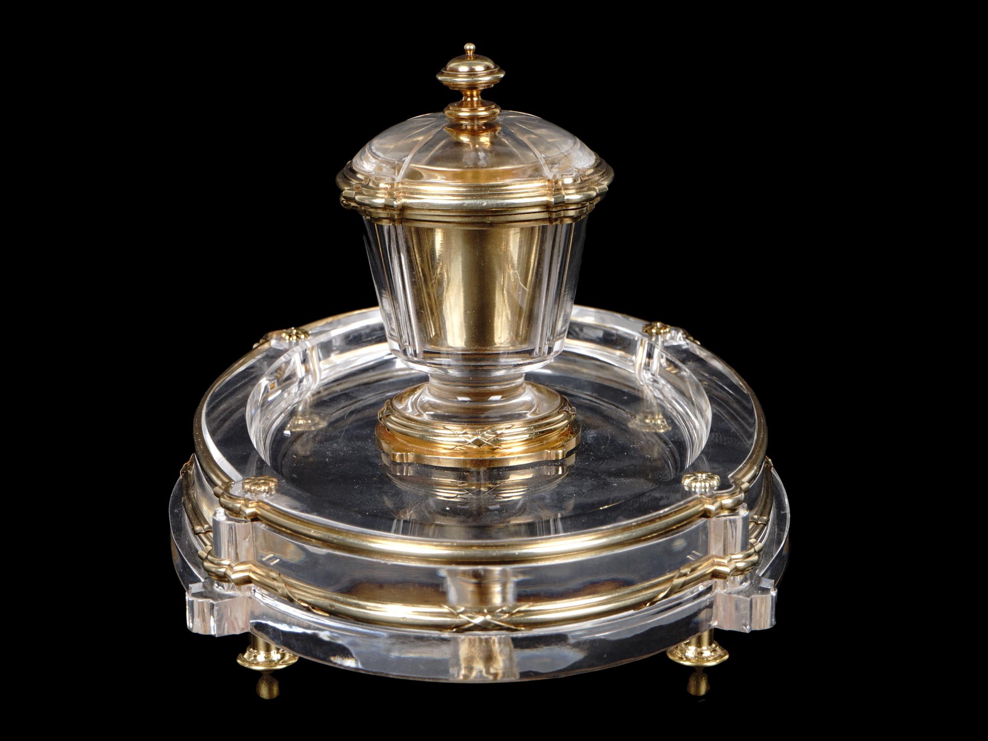 FRENCH SILVER OVER CRYSTAL ROCK INKWELL GUSTAVE KELLER PIC-1